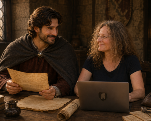 Frau mit Laptop und mittelalterlich gekleideter Mann mit Pergament sitzen gemeinsam an einem Holztisch in einer historischen Steinhalle.