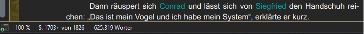 Screenshot aus dem Romanmanuskript über Conrad von Strahlenberg mit markierten Begriffen und einer Wortzahl von über 625.000 Wörtern.